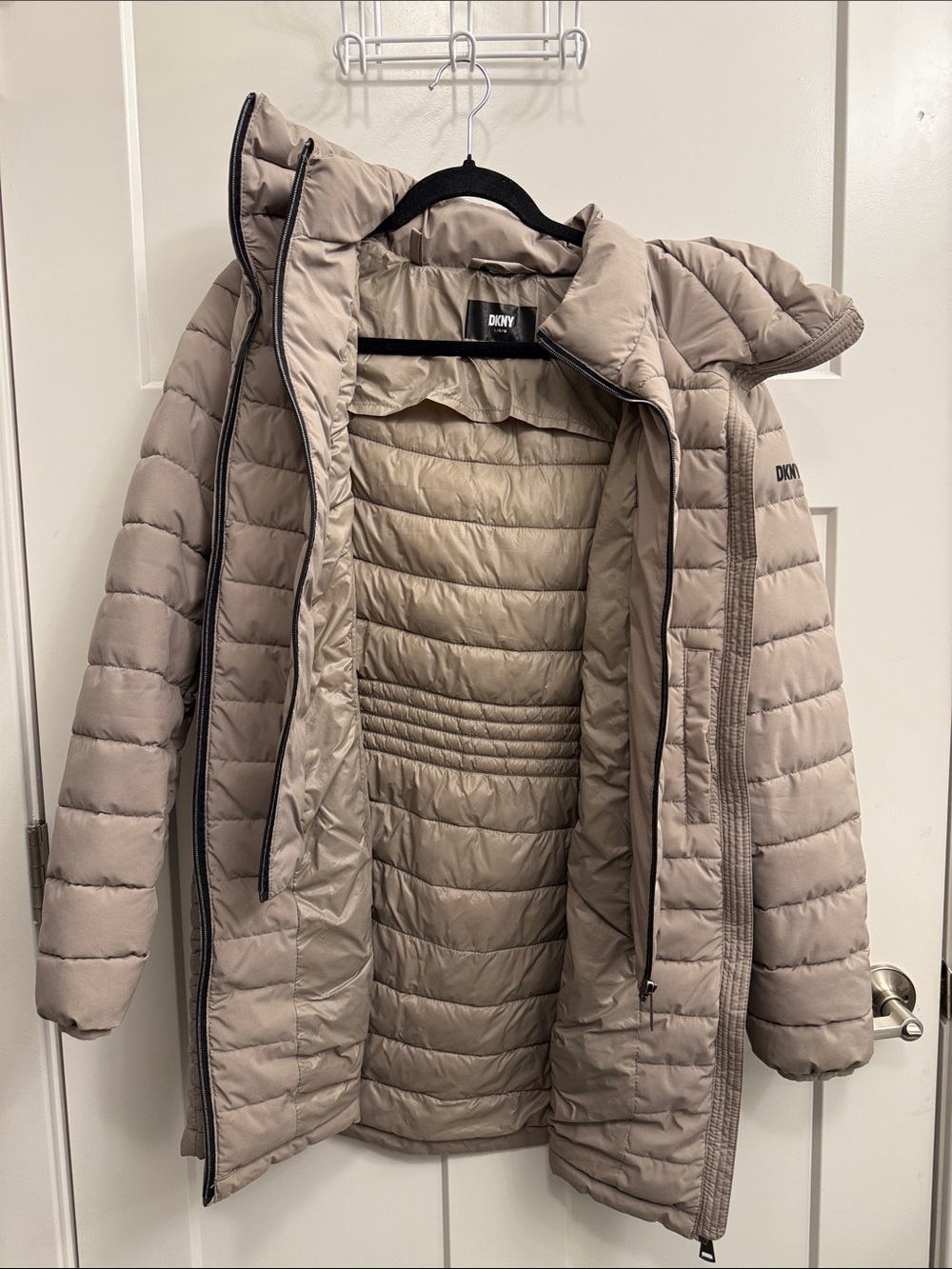 DKNY Taupe Long Quilted Puffer Coat Jacket with Hood